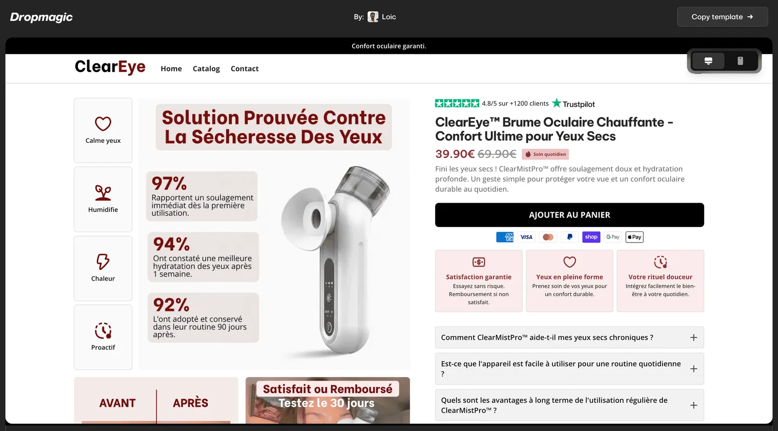 Exemplo de loja Shopify gerada por IA — página de produto de cuidado ocular com estatísticas de benefícios