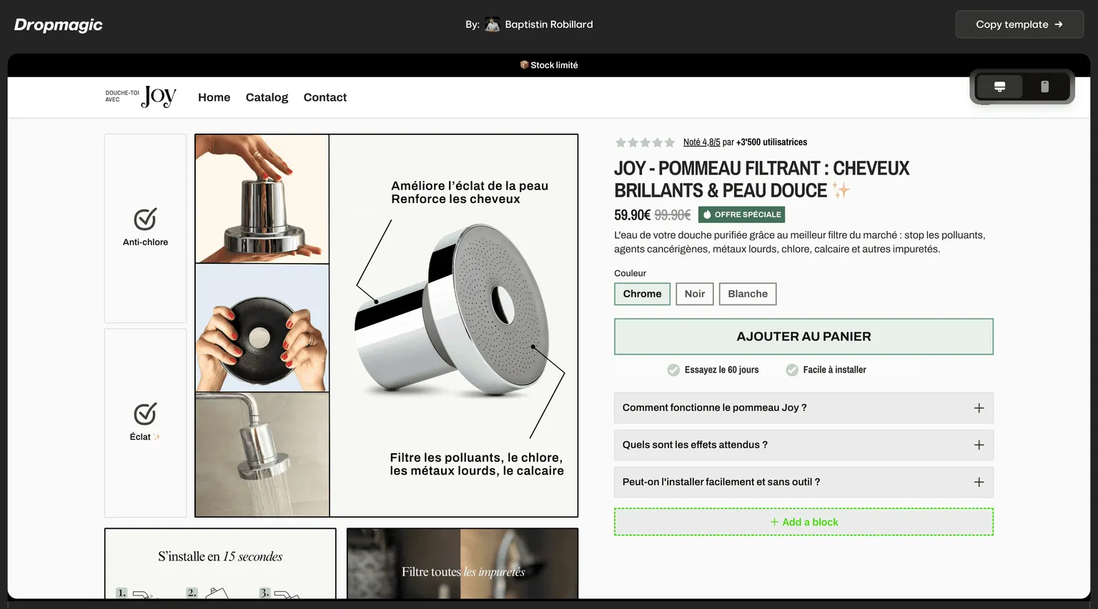 Template de loja Shopify gerado por IA — uma página de produto de filtro de chuveiro pronta para copiar