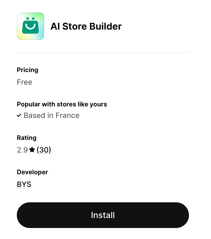 Anúncio do BuildYourStore.ai na Shopify App Store mostrando nota 2,9 estrelas em 30 avaliações