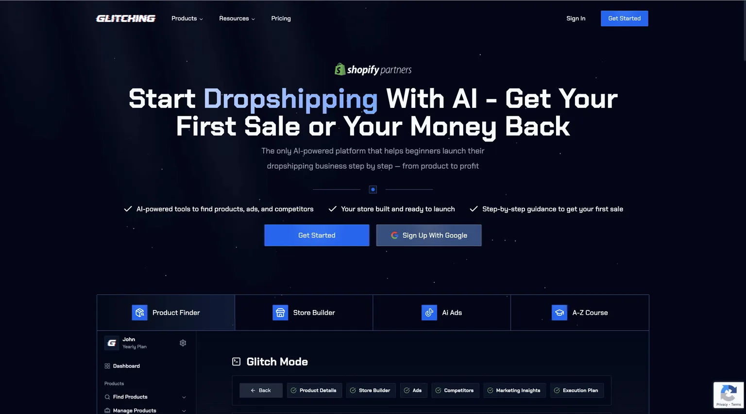 Página inicial do Glitching AI reunindo criador de lojas e curso de dropshipping
