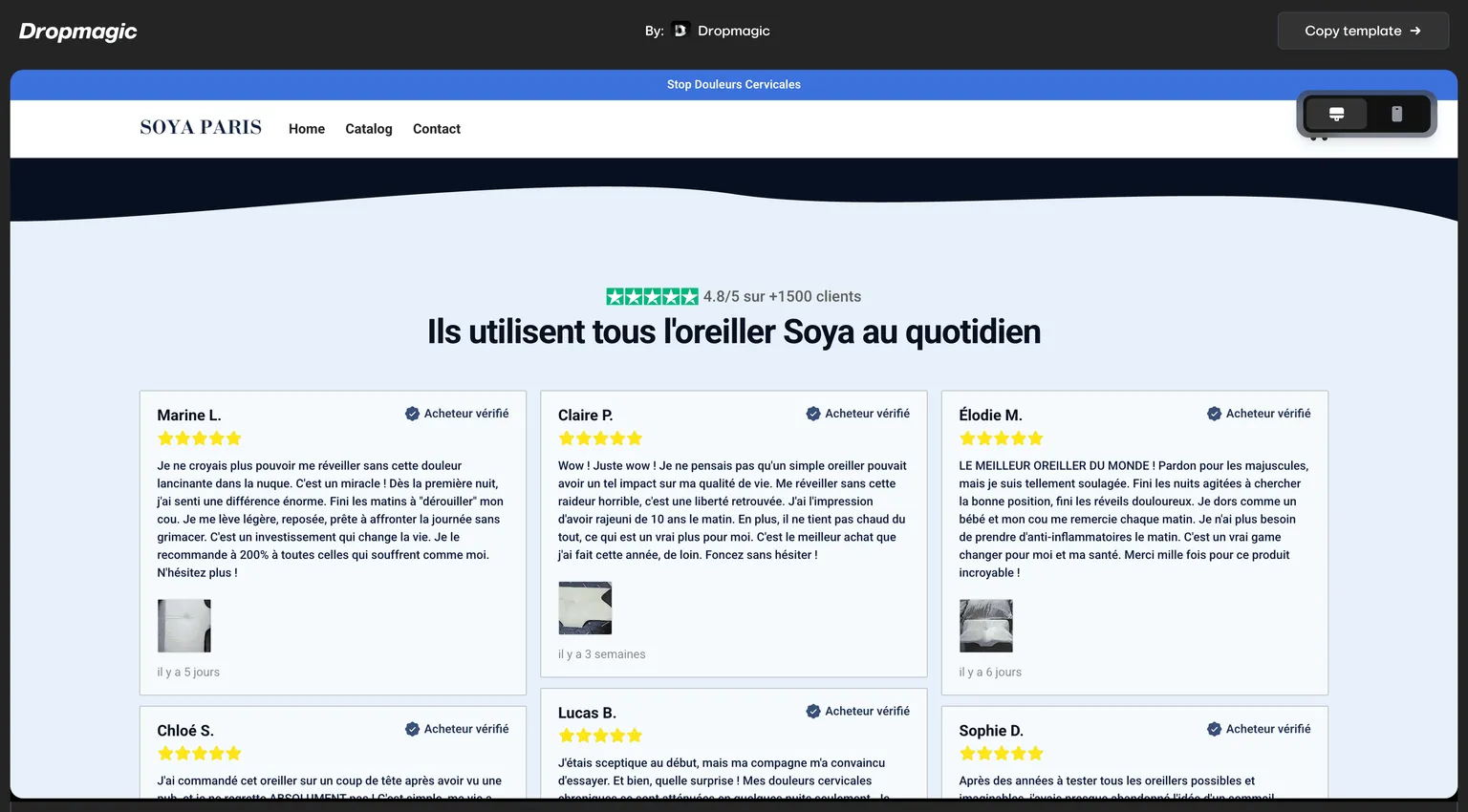 Exemplo de loja Shopify gerada por IA — uma seção de avaliações de clientes com fotos de compradores verificados