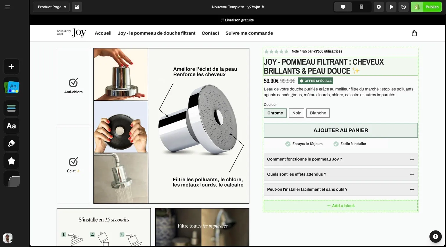 Interface de builder de loja com IA para criar uma loja de dropshipping digital
