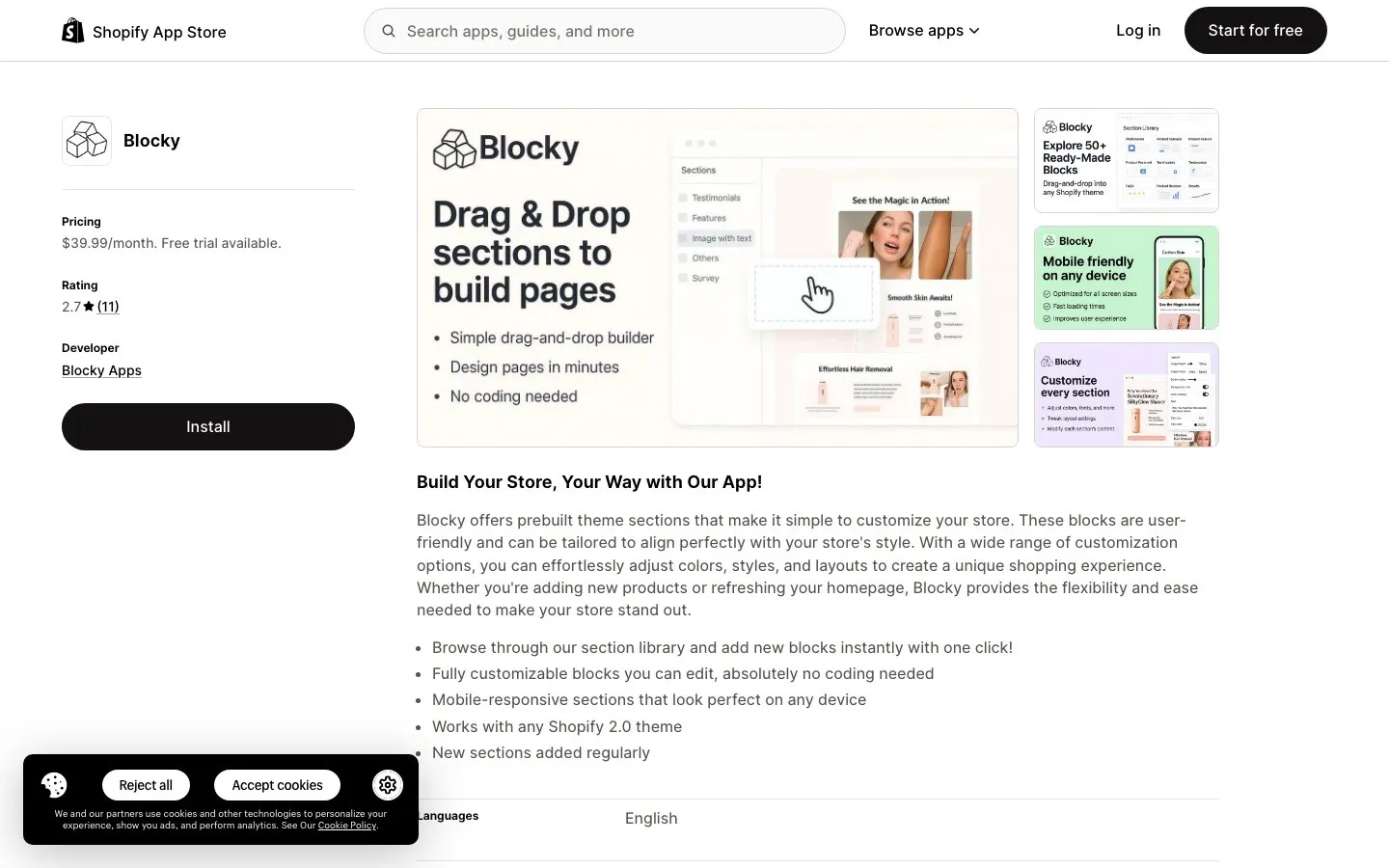 App Blocky na Shopify App Store — nota 2,7 estrelas, biblioteca de seções de tema