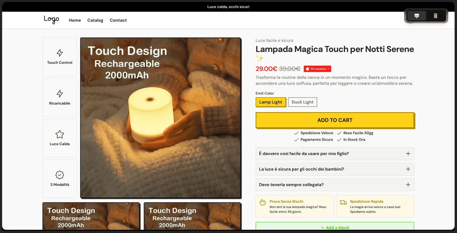 Exemplo de loja Shopify gerada por IA — página de produto de uma luminária noturna em italiano