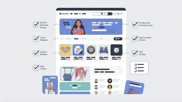 Checklist de design de seções Shopify mostrando as seções-chave do site para otimização de conversão
