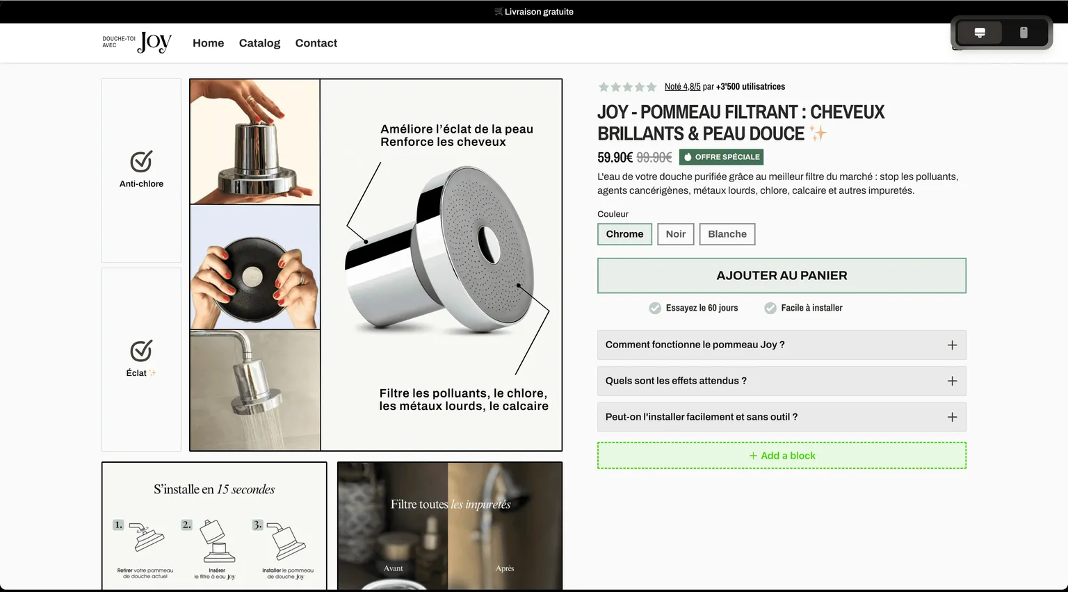 Exemplo de loja Shopify gerada por IA — página de produto de um filtro de chuveiro em francês