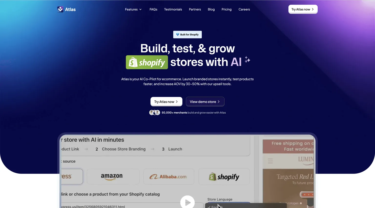 Página inicial do Atlas AI store builder prometendo lojas Shopify com marca própria criadas por IA