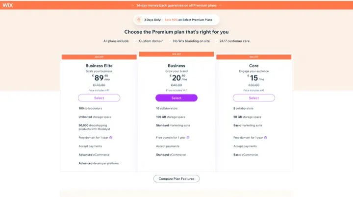 Preços do AIStoreBuilder mostrando os planos Business e eCommerce do Wix, de € 15 a € 89 por mês