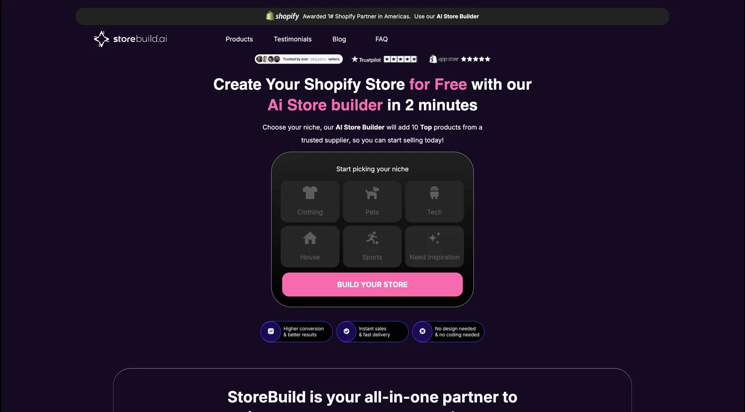 Página inicial do Storebuild.ai oferecendo uma loja Shopify construída com IA de graça em dois minutos