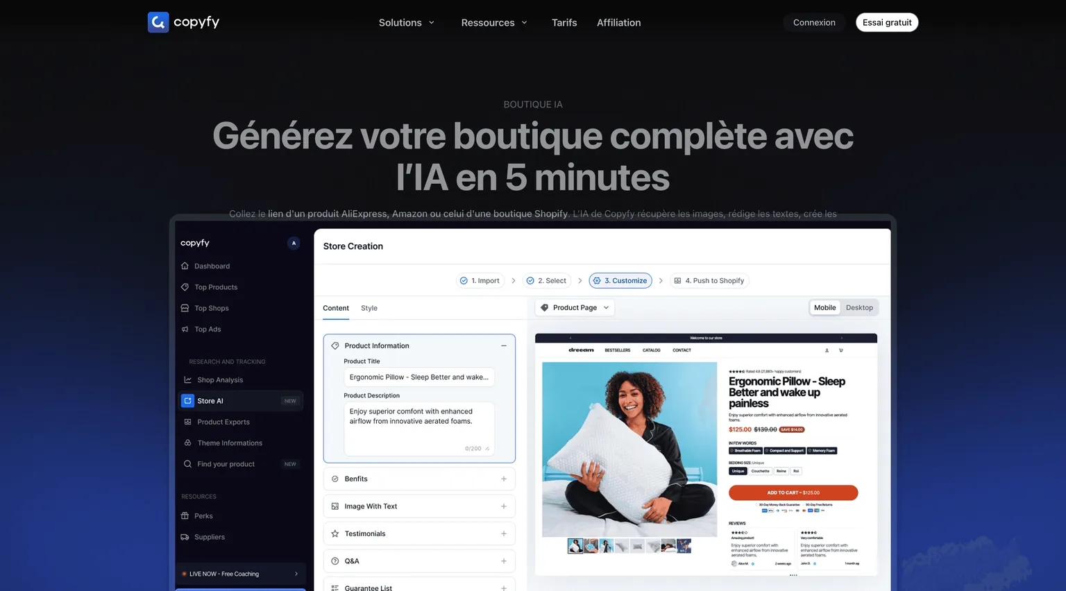 Página inicial do Copyfy anunciando lojas Shopify geradas por IA em cinco minutos