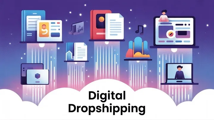 Ilustração do conceito de dropshipping digital mostrando produtos digitais e entrega automatizada