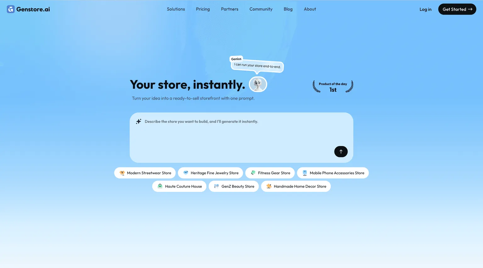 Página inicial do Genstore.ai gerando uma loja a partir de um único texto