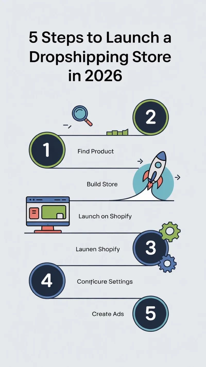 Infográfico: 5 passos para lançar uma loja de dropshipping em 2026 — encontrar o produto, construir a loja, publicar na Shopify, configurar os ajustes, criar anúncios