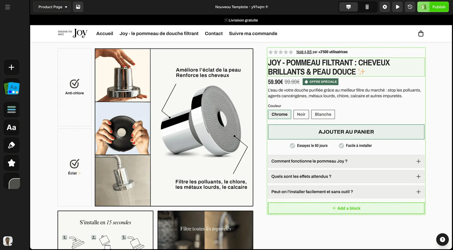 DropMagic visual editor building an original Shopify store from a product link