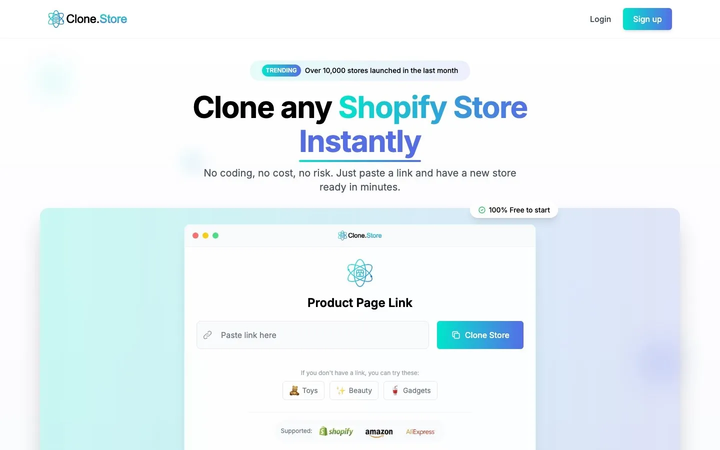 Página inicial do Clone Store — afirma clonar qualquer loja Shopify instantaneamente