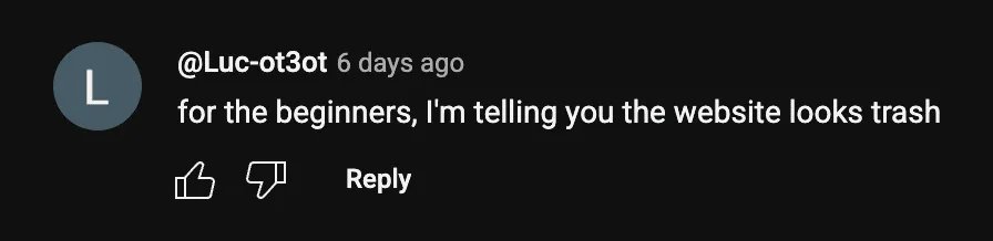 Comentário no YouTube criticando a qualidade da loja em um vídeo promocional do BuildYourStore.ai