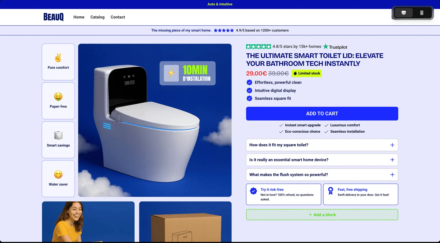 Exemplo de loja Shopify gerada por IA — página de produto de um assento sanitário inteligente com marca própria