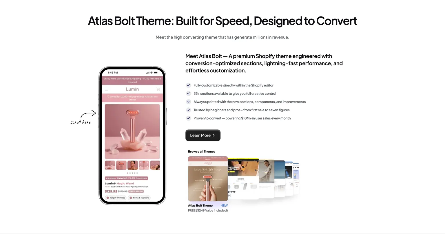 O tema premium Atlas Bolt do Shopify no celular, com suas seções de conversão