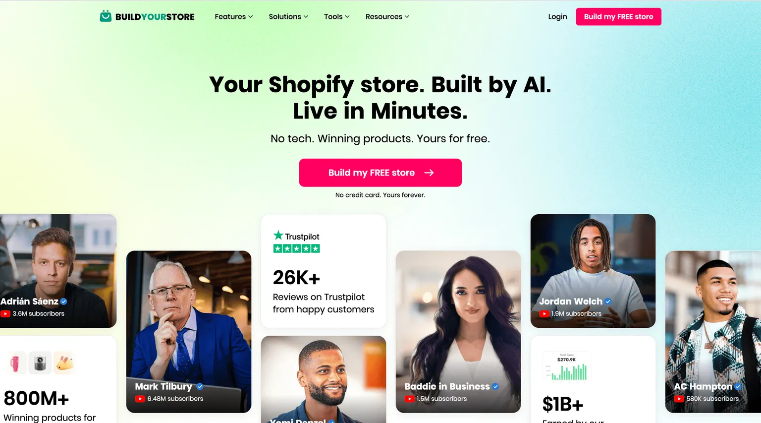 Página inicial do BuildYourStore.ai promovendo lojas Shopify criadas por IA de graça com apoio de criadores