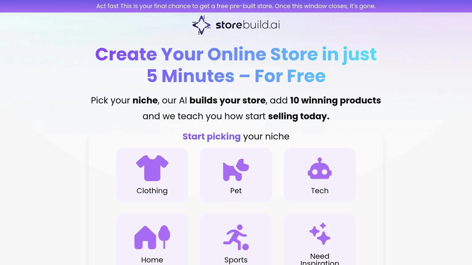 Home da Storebuild.ai oferecendo uma loja Shopify criada por IA de graça