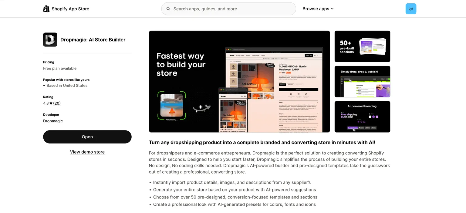 Dropmagic construtor de lojas com IA na Shopify