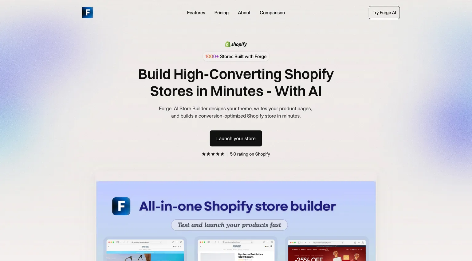 Página inicial do ForgeBuilder AI anunciando lojas Shopify de alta conversão construídas com IA