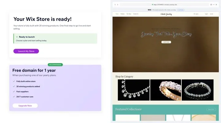 Prévia de loja do AIStoreBuilder mostrando um template genérico do Wix com o banner de subdomínio do Wix visível