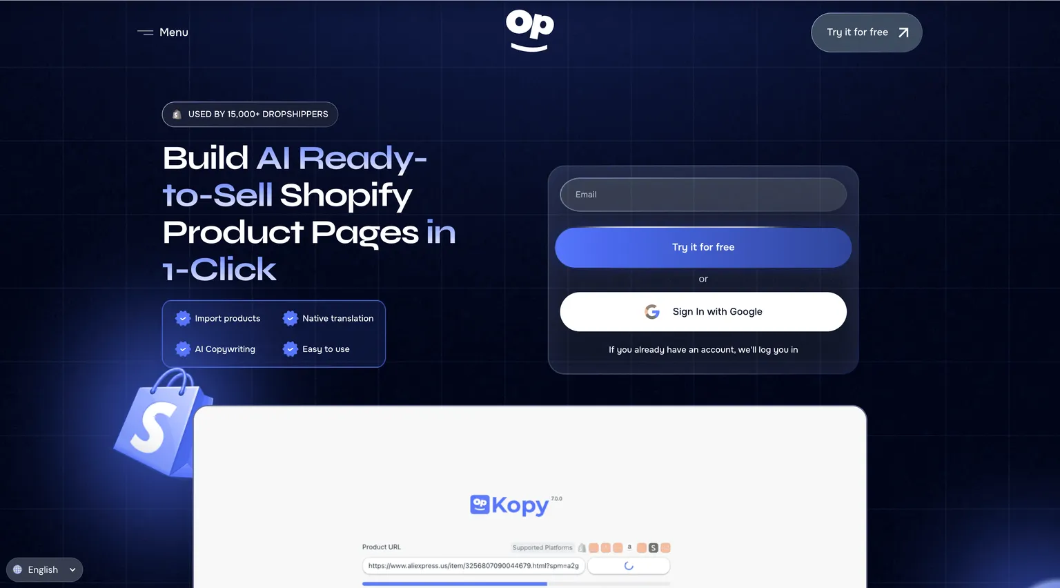 Página inicial do Kopy AI anunciando a clonagem de páginas de produto Shopify em um clique