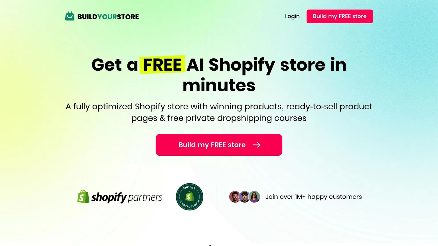 Home da BuildYourStore.ai oferecendo uma loja Shopify criada por IA de graça