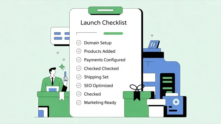 Checklist completo de lançamento da loja mostrando todos os passos, da configuração ao ar