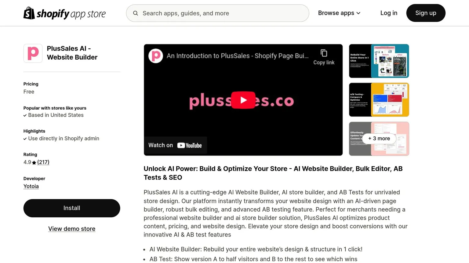 Anúncio do PlusSales AI na Shopify App Store com nota 4,9 estrelas