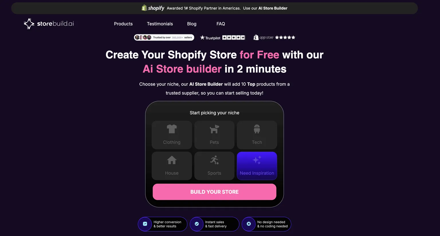Página inicial da Storebuild.ai oferecendo uma loja Shopify criada por IA grátis em dois minutos
