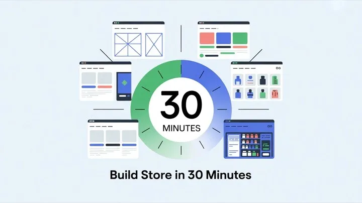 Linha do tempo de construção de uma loja Shopify em 30 minutos mostrando cada etapa