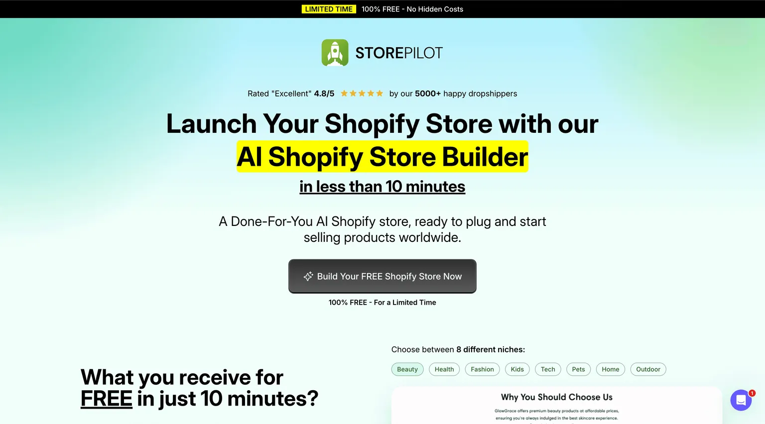 Landing page do StorePilot oferecendo uma loja Shopify com IA feita para você, de graça