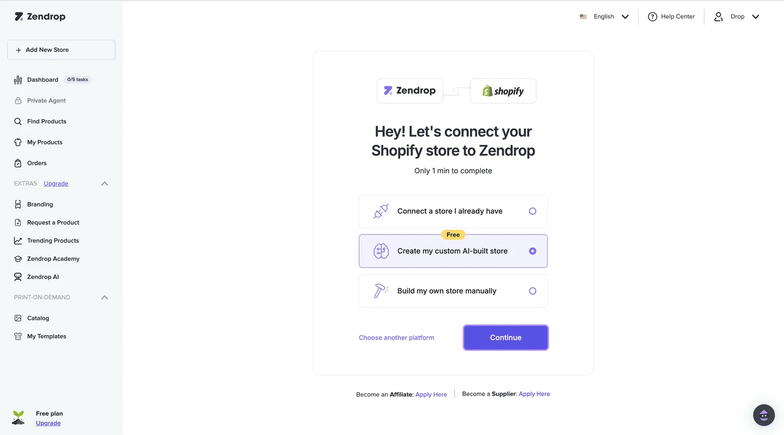 Dashboard da Zendrop oferecendo criar uma loja Shopify sob medida construída com IA