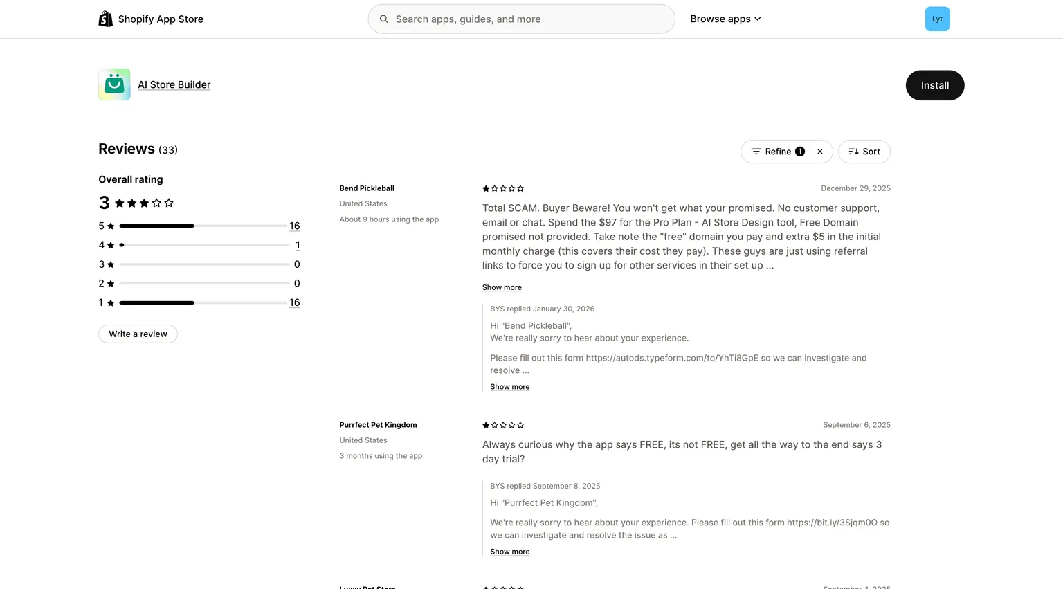 Avaliações do BuildYourStore.ai na Shopify App Store — média de 3 estrelas com 16 avaliações de uma estrela