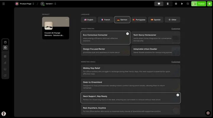 Interface do estrategista de copy com IA para escrever descrições de produto convincentes