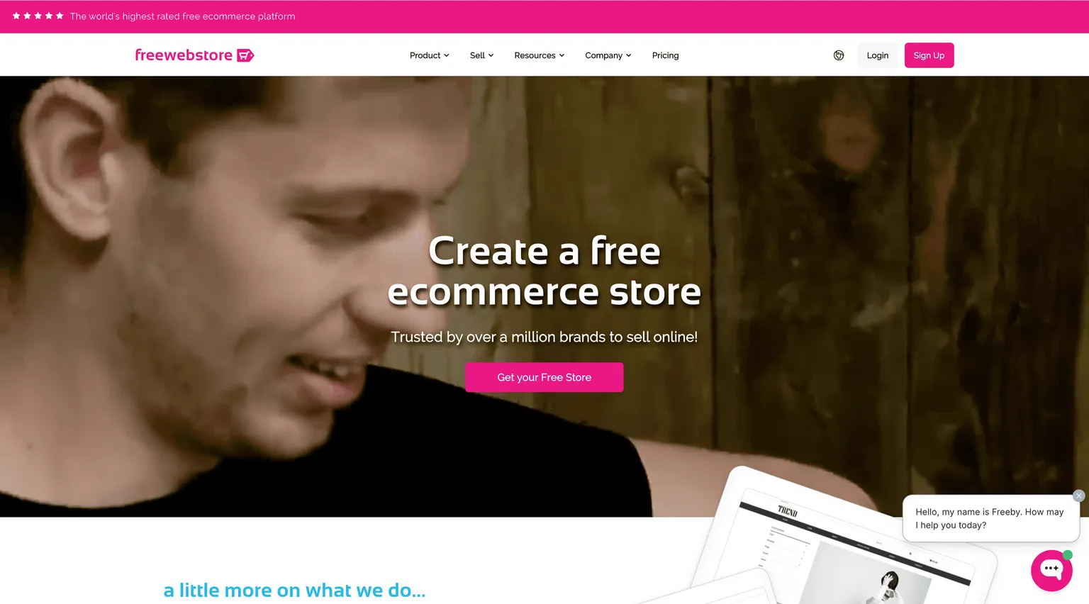 Página inicial do Freewebstore anunciando uma loja de ecommerce hospedada e grátis