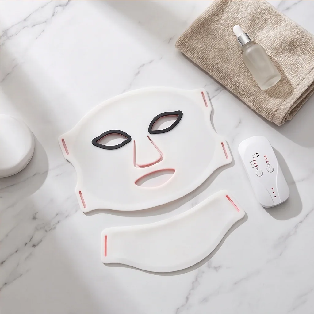 Masque LED et collier posés sur du marbre
