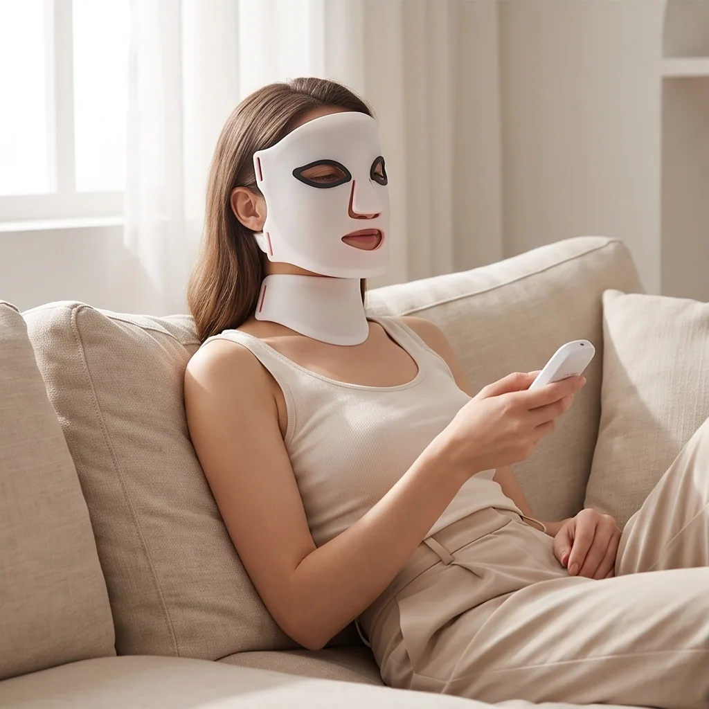 Masque LED sans fil porté sur un canapé
